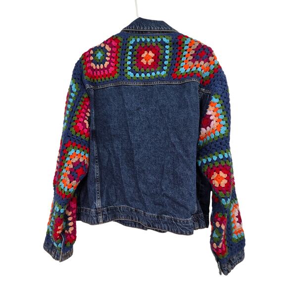 FARM RIO MEDIUM CROCHET SQUARE GRANDMA BOHO BUTTON UP LONG SLEEVE JEAN JACKET - Picture 2 of 7